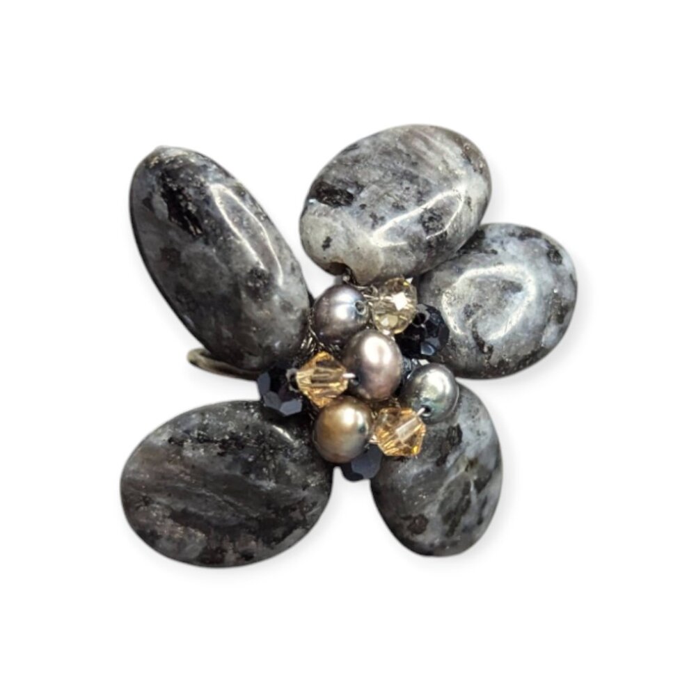 Unique Gray & Black Stone Ring with Open Band to Fit Most Sized Fingers
